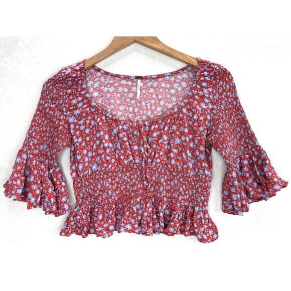 Free People Tops - Free People Women's Smocked Red Blue Crop Blouse Top Size Small